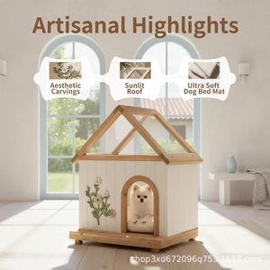 Nouvelle niche pour animaux de compagnie en bois miniature pour intérieur, avec toit translucide et design sculpté à la main, adaptée aux chats et aux chiens. - Product Image 4