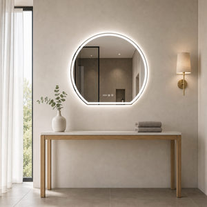 Espejo Redondo LED para Baño con Anillo LED Interior Retroiluminado, Teclas Táctiles, Reloj, Sin Marco, Montado en la Pared para Hotel - Product Image 1