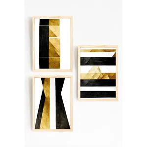 Conjunto de 3 Cuadros Abstractos en Dorado y Negro con Marco de Madera Natural, Arte de Pared - Product Image 1