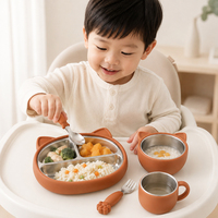 Katzenmotiv Baby Fütterungsschale Teller Becher Set Edelstahl Innen Silikon Außen Saugnapf Kleinkind Geschirr Entwöhnungs-Set