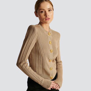 Maglione con fibbia autunno oro con perline da donna a maniche lunghe <span class=keywords><strong>Cardigan</strong></span> lavorato a maglia con spalline che dimagrisce giacca <span class=keywords><strong>Beige</strong></span> taglia unica - Product Image 2