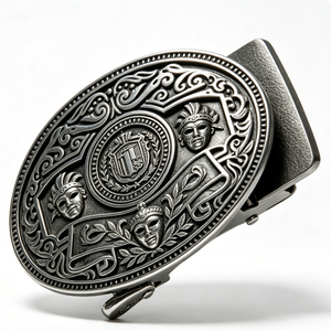 Hebilla de cinturón de aleación de zinc plateada antigua con diseño de máscaras y escudo en relieve, insignia redonda para coleccionismo artístico - Product Image 5