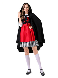 Costume de cosplay Rouge Capuche pour femme, robe à carreaux noire et rouge avec <span class=keywords><strong>cape</strong></span> à capuche, tenue de fête d'Halloween et de carnaval - Product Image 6