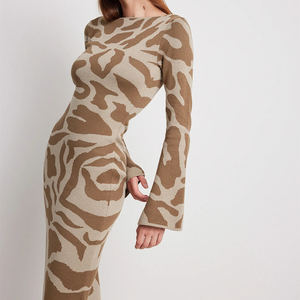 High Quality Autumn Knit Women Elegant <strong>Dress</strong> Flared Long Sleeves Bodycon Fit Women Print <strong>Maxi</strong> <strong>Dress</strong> - Product Image 2