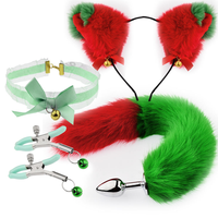 Nouvel ensemble de bondage cosplay Ninghao : serre-tête oreilles de chat en peluche rouge et vert, queue moelleuse, collier ras-du-cou en dentelle avec fermoir métallique, pinces – Jouets sexuels pour adultes