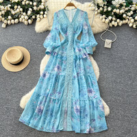 Robe longue décontractée pour femme WIWT, élégante, à imprimé floral, avec dentelle, col en V, manches longues, coupe trapèze, pour tous les jours, les vacances, les soirées