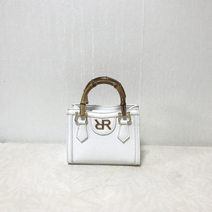 White PU Mini <b>Bag</b> with Bamboo Handle & Logo Clasp Elegant Style <b>Large</b> Capacity Portable 7 Inch Hand-Carry for All Seasons - Product Image 1