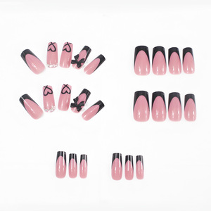 Faux Ongles Français Moyens Bordure Noire Décoration <span class=keywords><strong>Strass</strong></span> Nœud Papillon Ongles 3D Kit d'Ongles à Presser - Product Image 5