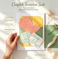 Suite d'invitations de mariage de luxe en papier texturé rose, jaune et vert, impression numérique, motif tropical, découpe feuille de palmier, impression de carte
