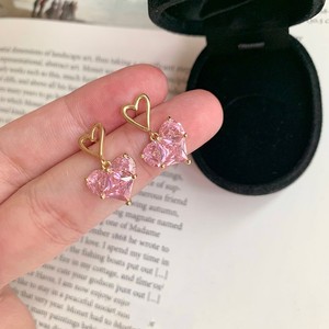 Heart-Shaped Pink Zircon Stud Earrings Gold Plated Copper 925 Silver Ear Post Everyday Wear - Product Image 2