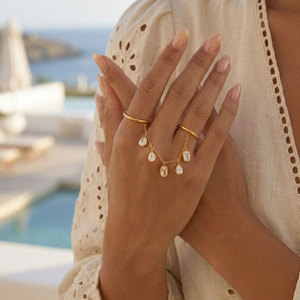 Bague double à pendentif en zircon, en acier inoxydable 316L plaqué or 14k 18k, anti-ternissement, pour doigts - Product Image 2