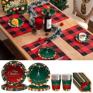 Lots de Vaisselle Jetable pour Fêtes de Noël en Gros – Décorations Rouges et Vertes avec Motifs Arbre et Cadeaux – Assiettes en Carton, Serviettes en Papier, Nappe LM - Product Image 1