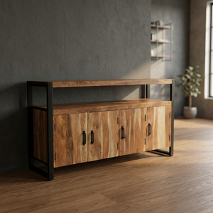 Aparador moderno de 3 puertas de madera maciza con acabado natural y estructura metálica, estilo industrial, ecológico, para sala de estar, ¡muy vendido! - Product Image 2
