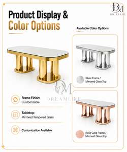 Modern Gold <b>Stainless</b> <b>Steel</b> Dining <b>Table</b> Mirror Glass Top Rounded Rectangle Dual Column Base Event Wholesale Supplier - Product Image 5