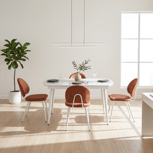Ensemble de table à manger extensible moderne en verre avec 4 chaises en velours orange rouille et pieds en métal blanc, mobilier de cuisine de luxe pour la maison et les cafés - Product Image 6