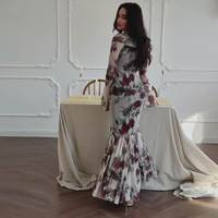 Gaun Putri Duyung Motif Bunga Mawar Romantis Gaun Pesta Ramping Pinggang Tinggi Kerah O Wanita Modis Gaun Berlipat Lengan Panjang Elegan