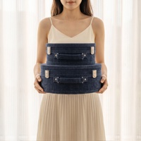Caja de Almacenamiento de Ropa Portátil Semicircular de Tela Azul Denim, Gran Capacidad, Decorativa