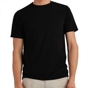 Camiseta de punto de algodón negra personalizada para hombre, cuello redondo, corte regular, informal, manga corta, color liso, para venta en línea - Product Image 1