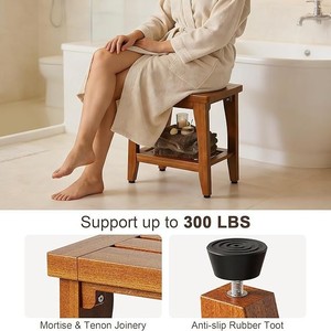 Tabouret de salle de bain en teck Ruoyi 14x16.5x9.8 pouces, double couche avec étagère de rangement, siège de douche imperméable - Product Image 3