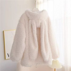 Women's Faux Fur Coat Light Pink Solid Color Rabbit Fur Thick Warm Winter Outerwear - Product Image 5