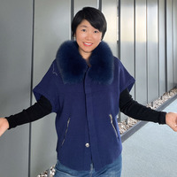 Pull en tricot à manches courtes pour femme, vente chaude automne-hiver, uni, fermeture éclair, col en fourrure de renard amovible, poche zippée