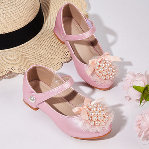 Chaussures <span class=keywords><strong>de</strong></span> <span class=keywords><strong>princesse</strong></span> pour filles en cuir PU avec perles, fleurs et nœuds, fermeture Velcro, talons compensés discrets en caoutchouc pour augmenter la hauteur - Product Image 2