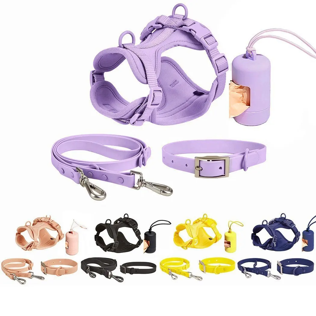 Juego de arnés de perro dispensador de bolsa de caca de Mascota de neopreno PVC impermeable de lujo personalizado conjunto de collar de correa para perro
