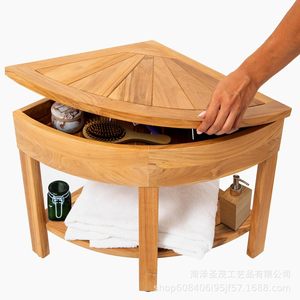 Shengmao Corner Bathroom Stool 45.72x45.72x45.72 Cm With <b>Storage</b> Natural Wood Color For <b>Bath</b> Use - Product Image 1