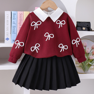 欧美秋季新款女童套装华夫饼干两件套上衣配百褶立体图案裙子嘻哈风格两件套 - Product Image 1