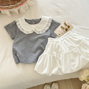 Girls Summer Bubble Dress Set Short Sleeve With Lace <b>Collar</b> Breathable <b>Cake</b> Skirt For Baby Girls - Product Image 4