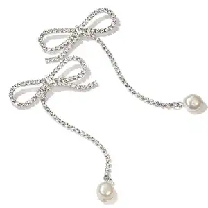 Romantic Crystal Bowknot Hollow IrregularTassel Drop Earrings White Gold Plated Rhinestone Baroque Pearl Bow Earrings