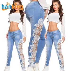 Ehanking Women's Sexy Hollow Out Floral Lace <b>Jeans</b> Female Elegant High Waist Skinny Fit Denim Pants Pencil <b>Jeans</b> - Product Image 2