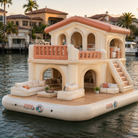 Maison flottante gonflable haut de gamme à double pont avec toit en tuiles, fenêtre en arche et escalier, idéale pour club nautique privé et loisirs aquatiques VIP