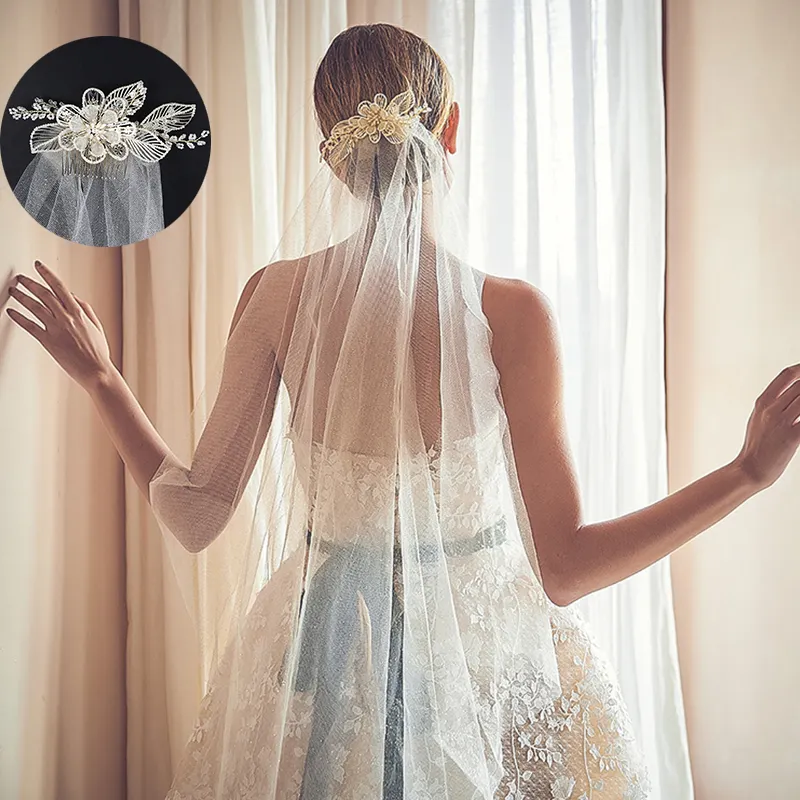 Long voile de mariée avec perles fait main, peigne de cheveux, pour fête de mariage, nouvelle collection 2020