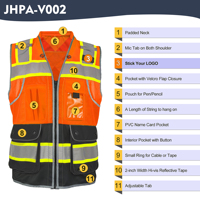 Rompi Keselamatan Hi Vis 100% Poliester Jaring Pakaian Kerja Reflektif Rompi Konstruksi dengan Banyak Kantong Leher Spons ANSI Kelas 2