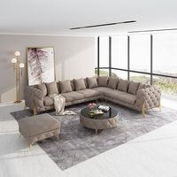 Conjunto de sofá Chesterfield en forma de L gris tradicional de lujo al por mayor, muebles para sala de estar, sofá esquinero de terciopelo con patas doradas