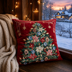 Christmas Embroidered Velvet <b>Throw</b> Pillow Square <b>Red</b> Traditional Decorative Zipper Closure Customizable 100% Polyester Filling - Product Image 1