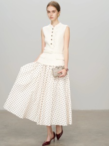 S*P Primavera Estate 2026 Nuovo Abito da Donna in Tweed Bianco Avorio con Cuciture a Onda e Puntini - Product Image 2