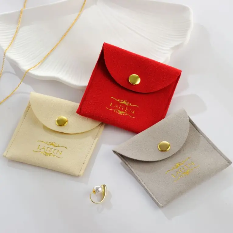 Custom Medium Luxury Velvet Earring Necklace Gift jewelry microfiber pouch bag with gold button