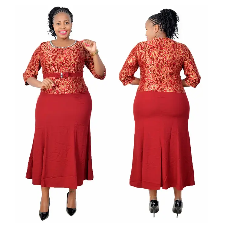 42-54 Turkey Africa wear decoration long sleeve red lace dress Red Maxi Office Dress