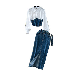 Conjunto <span class=keywords><strong>de</strong></span> Dos Piezas a la Moda: Camisa <span class=keywords><strong>de</strong></span> Manga Larga con Cintura Ajustada <span class=keywords><strong>y</strong></span> Falda Vaquera - Product Image 3