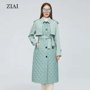 Factory Wholesale New Design Ladies Casual Cotton Padded Coat Padded Trench Coat in light green