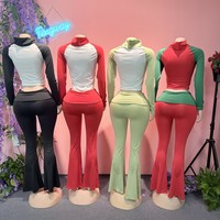 Ensemble décontracté 2 pièces femme 2026 : Haut court à col rond et manches longues + Pantalon taille haute contrastant, tenue de fête de Noël tendance (avec bandeau)