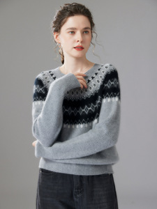 Suéter de Cachemira Personalizado con Cuello Redondo, Jacquard Fair Isle, Mezcla de Lana de Cachemira, Tejido para Mujer, Capa Base Gruesa, Mangas Largas, Jersey - Product Image 5