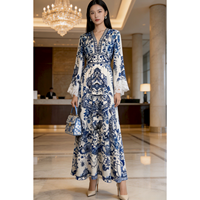 Robe Femme Luxe Léger Haut de Gamme Amincissante Vintage à Manches Cloche Taille Haute en Soie de Mûrier Imprimé Porcelaine Style Grande Balançoire