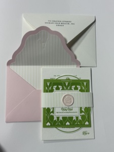 Elegant Green Leaf Pattern Art Paper Letterpress Printed <b>Wedding</b> <b>Invitation</b> Set with Embossed Monogram Wax Seal Pink <b>Envelope</b> - Product Image 1