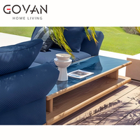 Table d'extérieur moderne en teck résistant aux UV avec surface à lattes auto-drainante pour piscine à débordement, portique, cour, salon, propriété