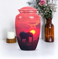 Urne funéraire commémorative en aluminium de 10 pouces, motif éléphant et coucher de soleil sur prairie rouge, pour cendres humaines adultes, scellée, pour la crémation de faunes sauvages