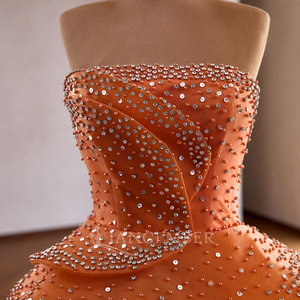 Robe de soirée personnalisable RSM261039 orange, bustier, avec appliques, sequins, perles superposées, dos lacé, en mousseline, coupe naturelle - Product Image 5