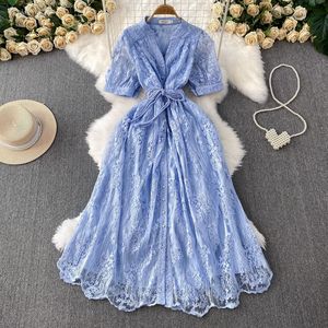 Vestido Elegante Vintage Francés para Mujer, Verano 2026, <span class=keywords><strong>Moda</strong></span> con Mangas Abullonadas, Tirantes, Cintura Ajustada, Cierre de Botón, Malla Bordada 101 - Product Image 1